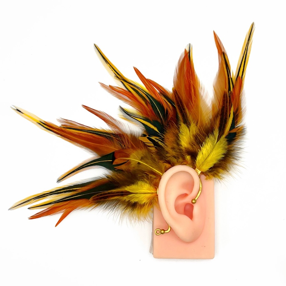 Yellow feather ear cuff - no pierce - for right ear